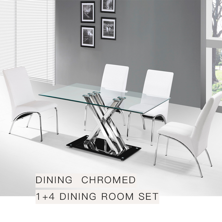 KINGNOD Square Table Dinner Set Pu leather dining chair chromed glass table