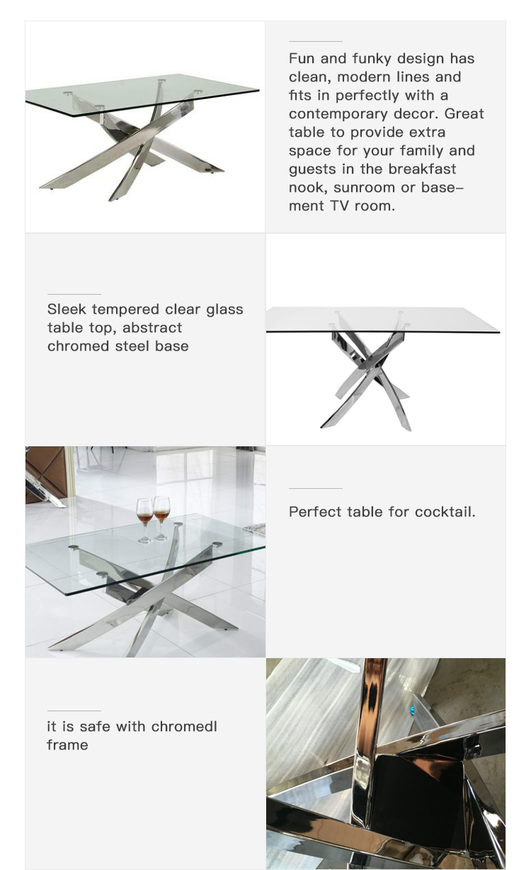 Custom Living Room Furniture 8mm Transparent Tempered Glass Dining Coffee Table With Chromed Frames